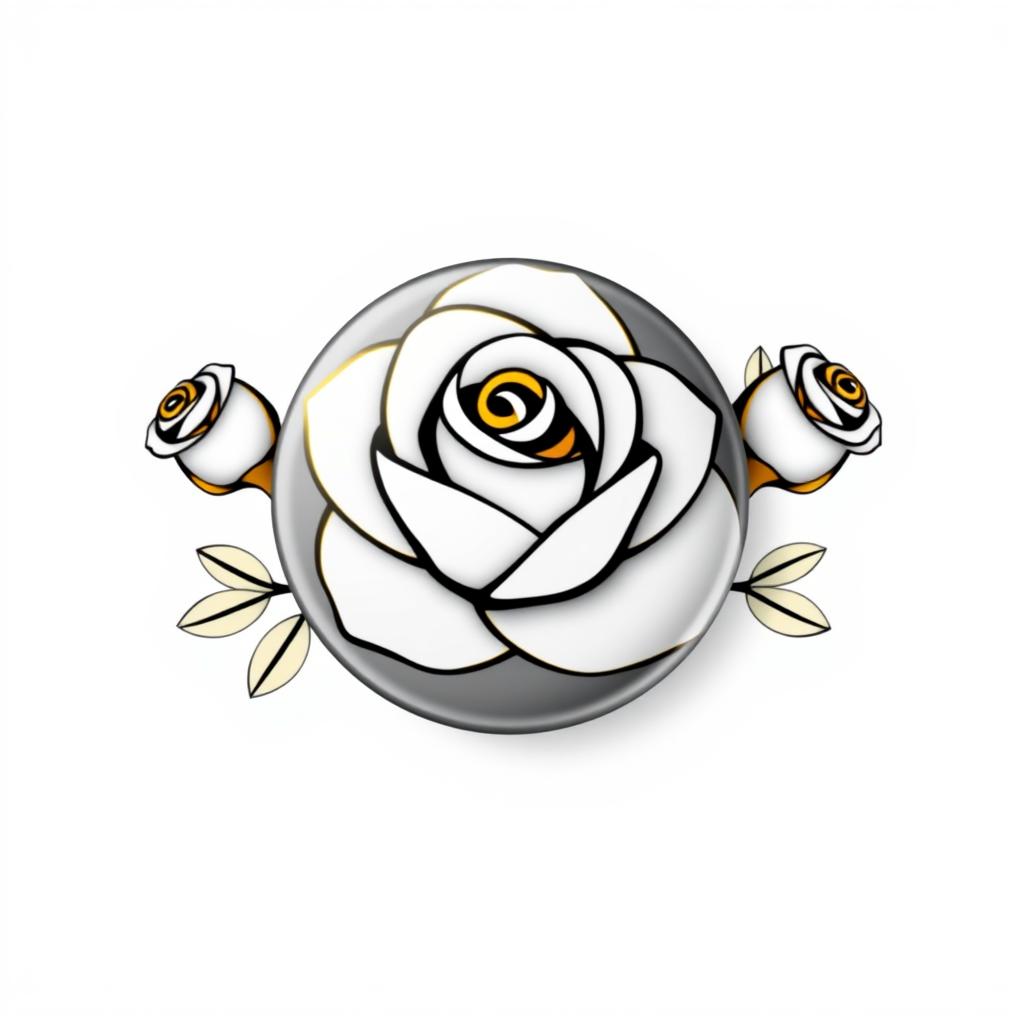 A large rose button in the center, flanked by a minimalist rose on each side