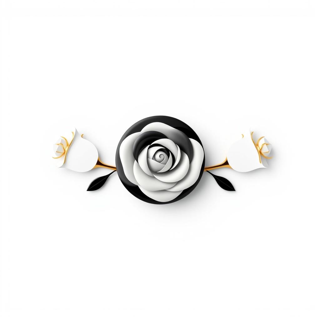 A small rose button in the center, flanked by a minimalist rose on each side