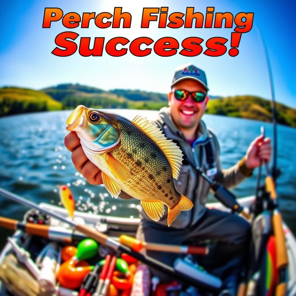 A dynamic YouTube thumbnail focused on perch fishing, featuring a scenic lake with shimmering water reflecting the sunlight
