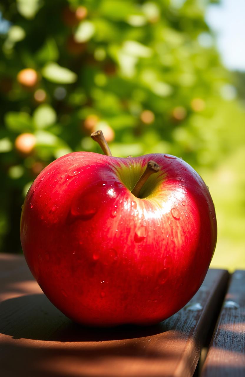 A vibrant and realistic close-up of a red and green apple sitting on a wooden table, with natural sunlight illuminating the surface and casting soft shadows