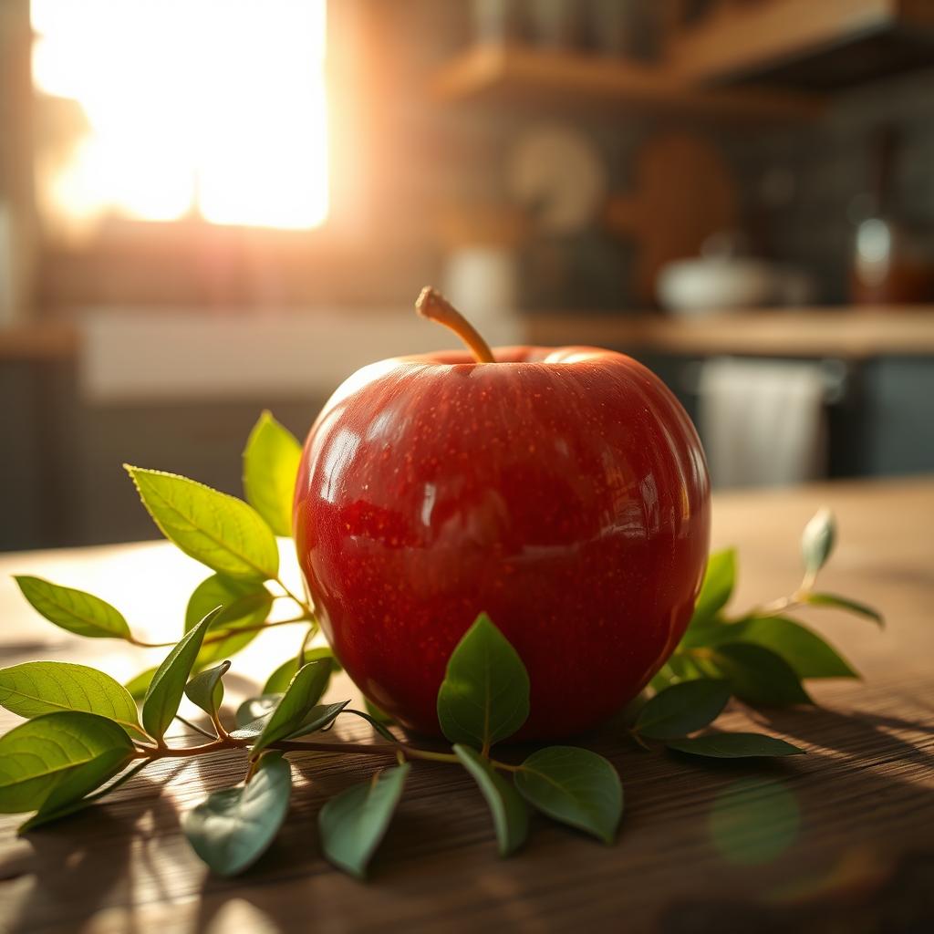 An enticing still life composition featuring a shiny, red apple resting on a rustic wooden table