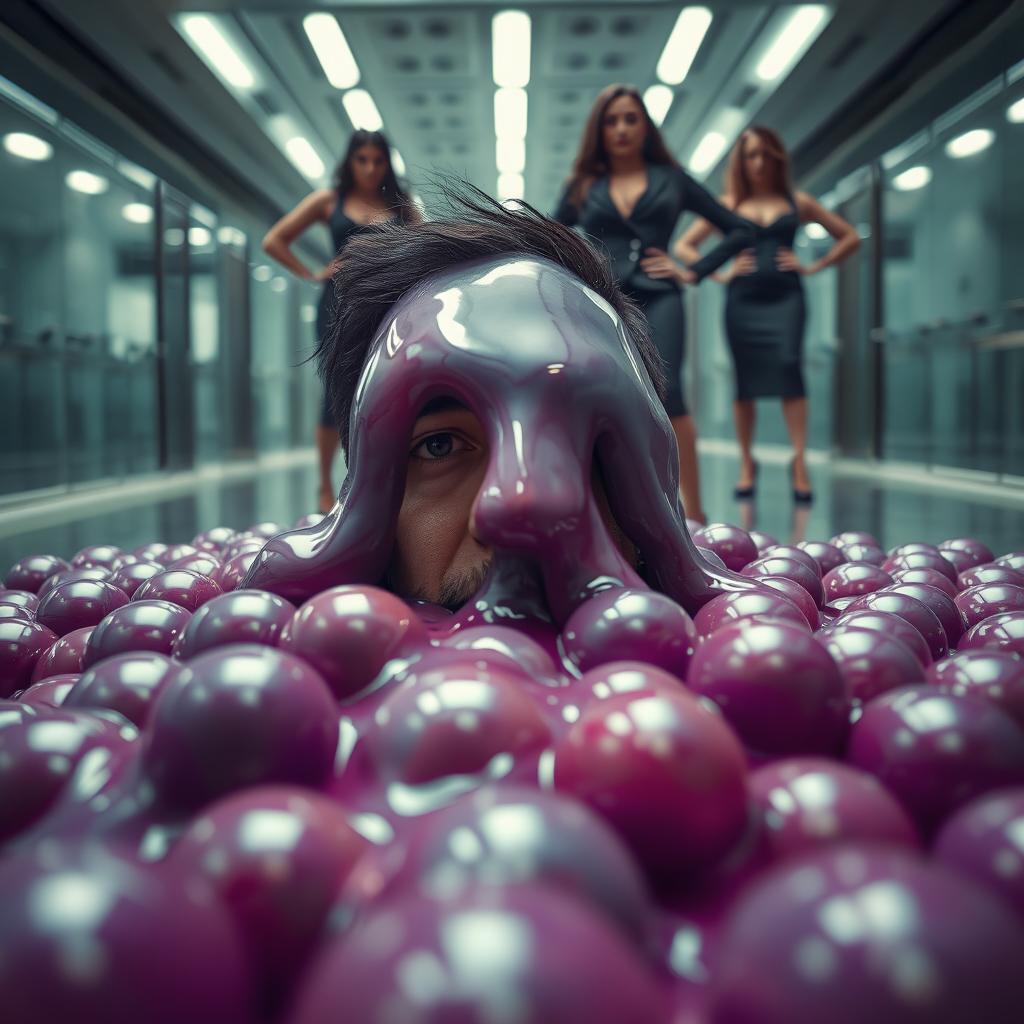 A dramatic POV scene depicting a man captured and enveloped by a pile of expanding goo spheres, with the goo oozing over his face, distorting his view