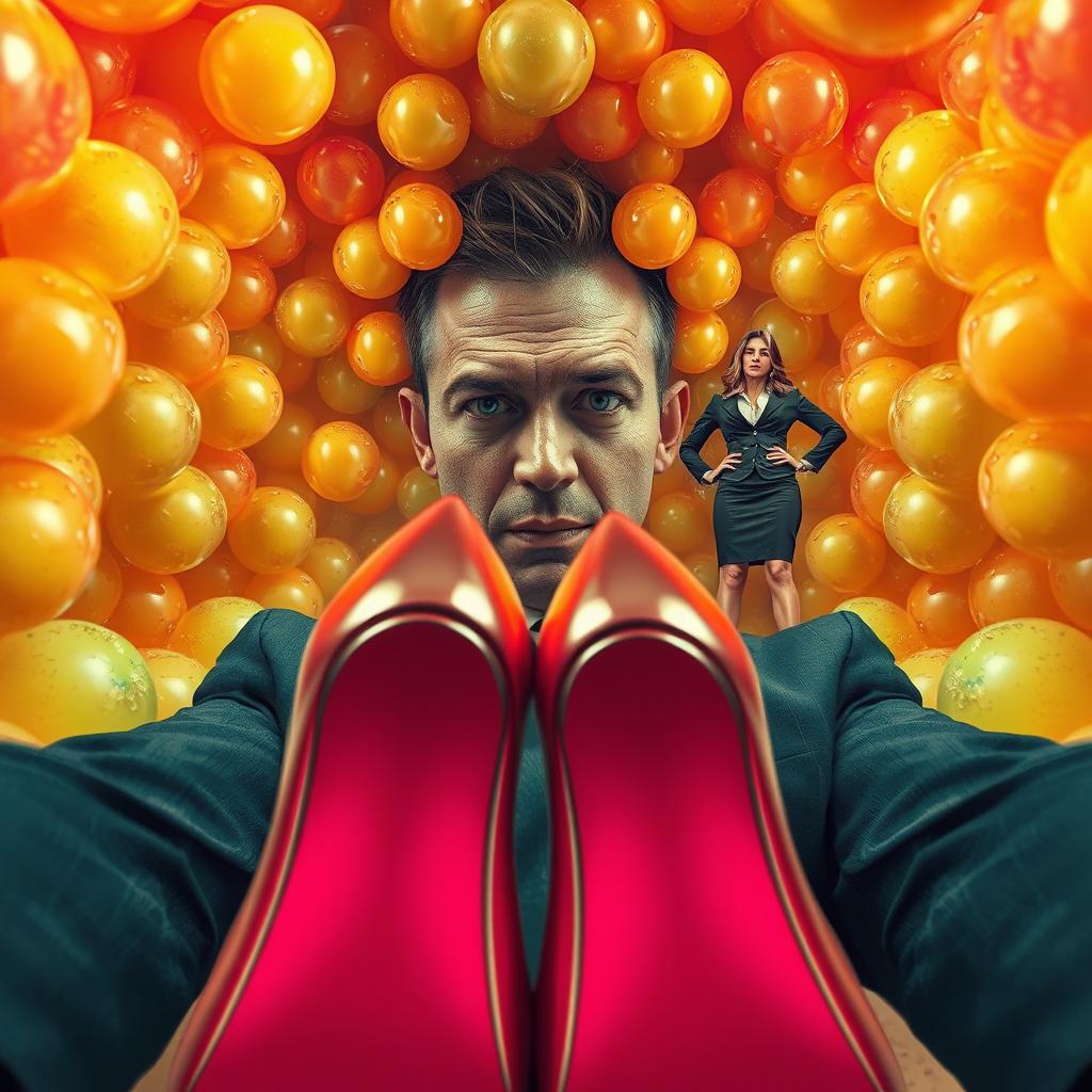 A first-person POV perspective of a man captured and surrounded by a mass of expanding goo spheres that envelop his face, constricting his view