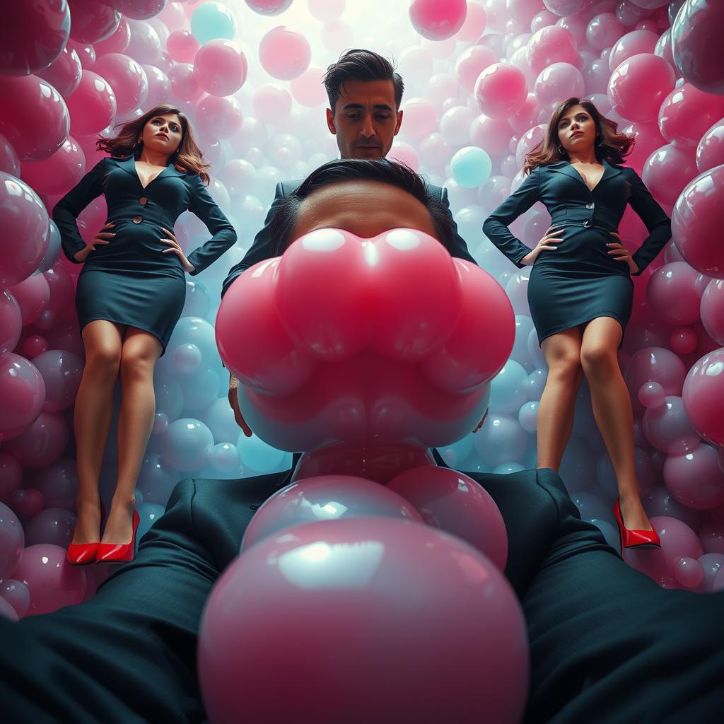 A first-person POV perspective of a man captured and engulfed by a mass of expanding goo spheres, which are pressing against his face and restricting his view from all angles