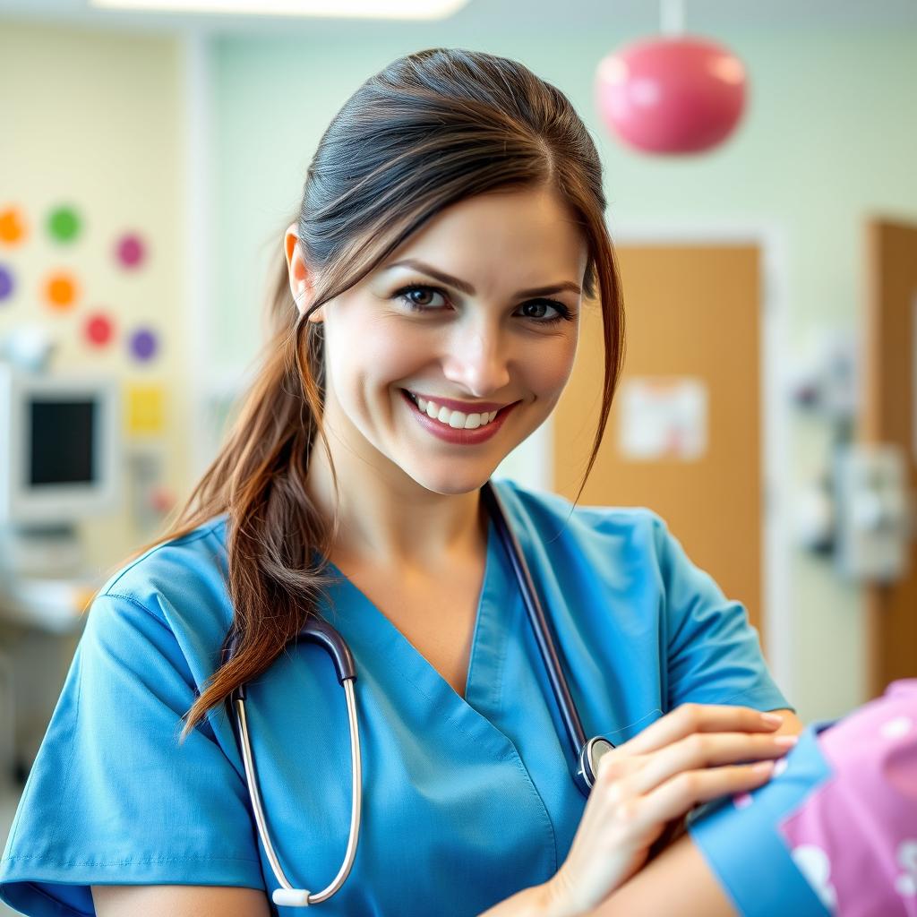 A compassionate and caring nurse in a bright hospital room, wearing a cheerful blue scrubs and a stethoscope around her neck