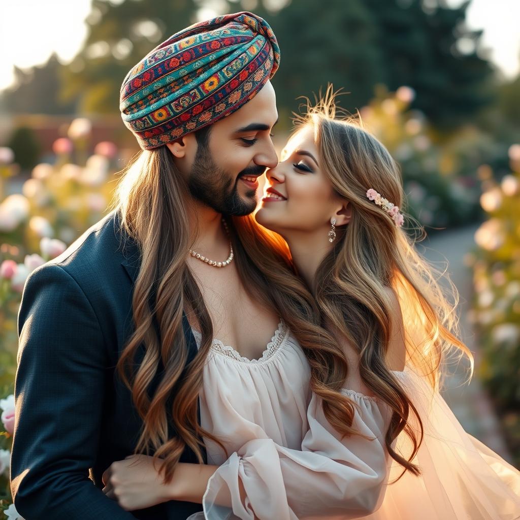 A romantic couple portrait featuring a man and a woman in a beautiful outdoor setting