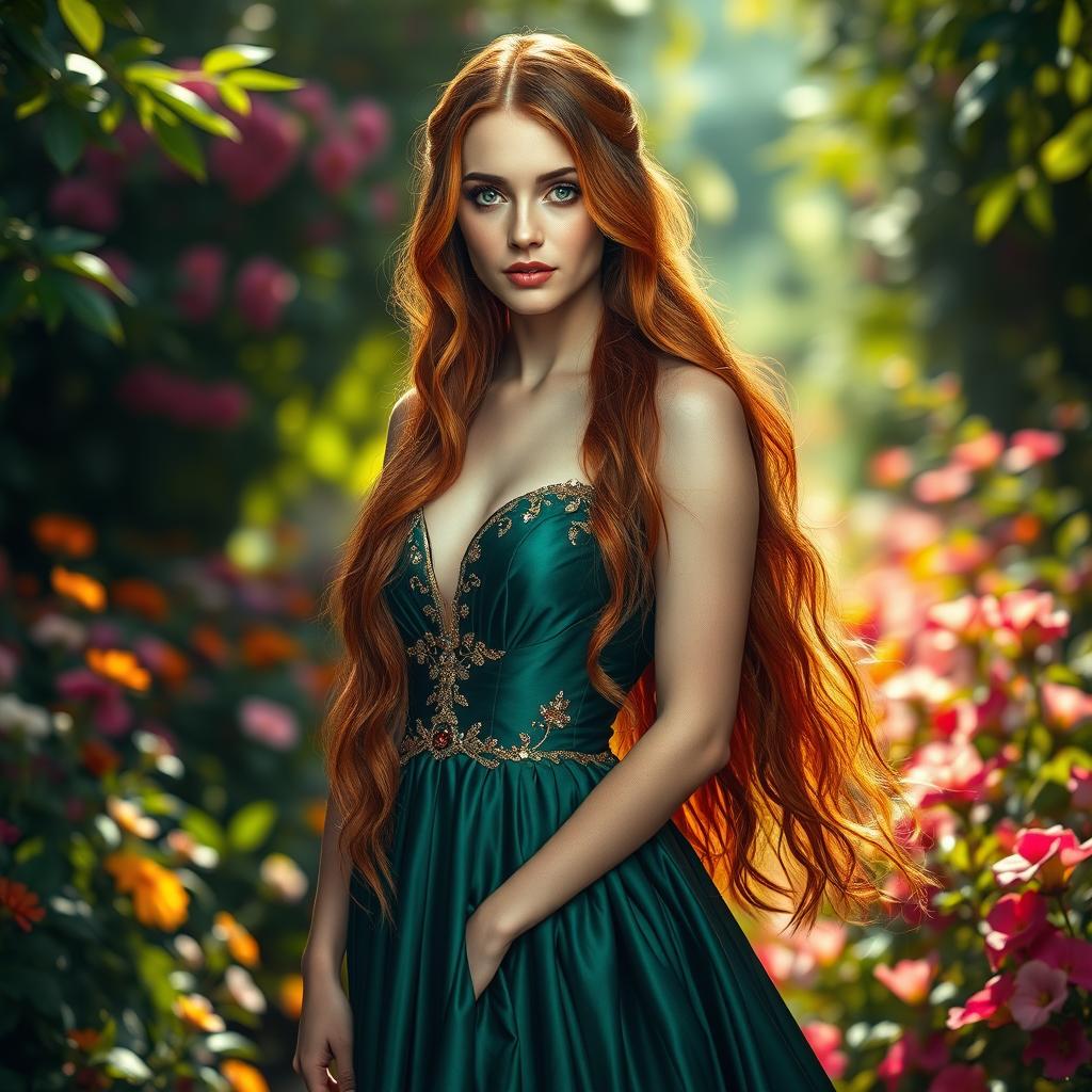 A stunning portrait of a beautiful woman with long, flowing red hair, dressed in an elegant, deep emerald green gown adorned with gold accents