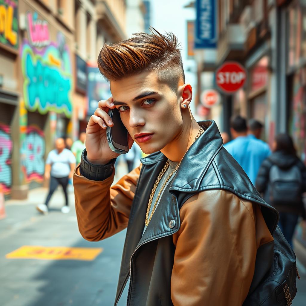 A young man posing like a model while talking on a public phone