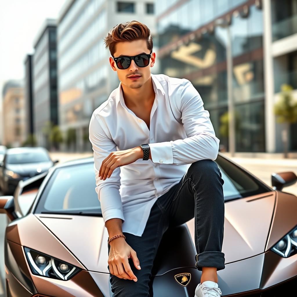 A handsome young man with a symmetrical face, fair skin, honey-colored eyes, and dark hair styled modernly