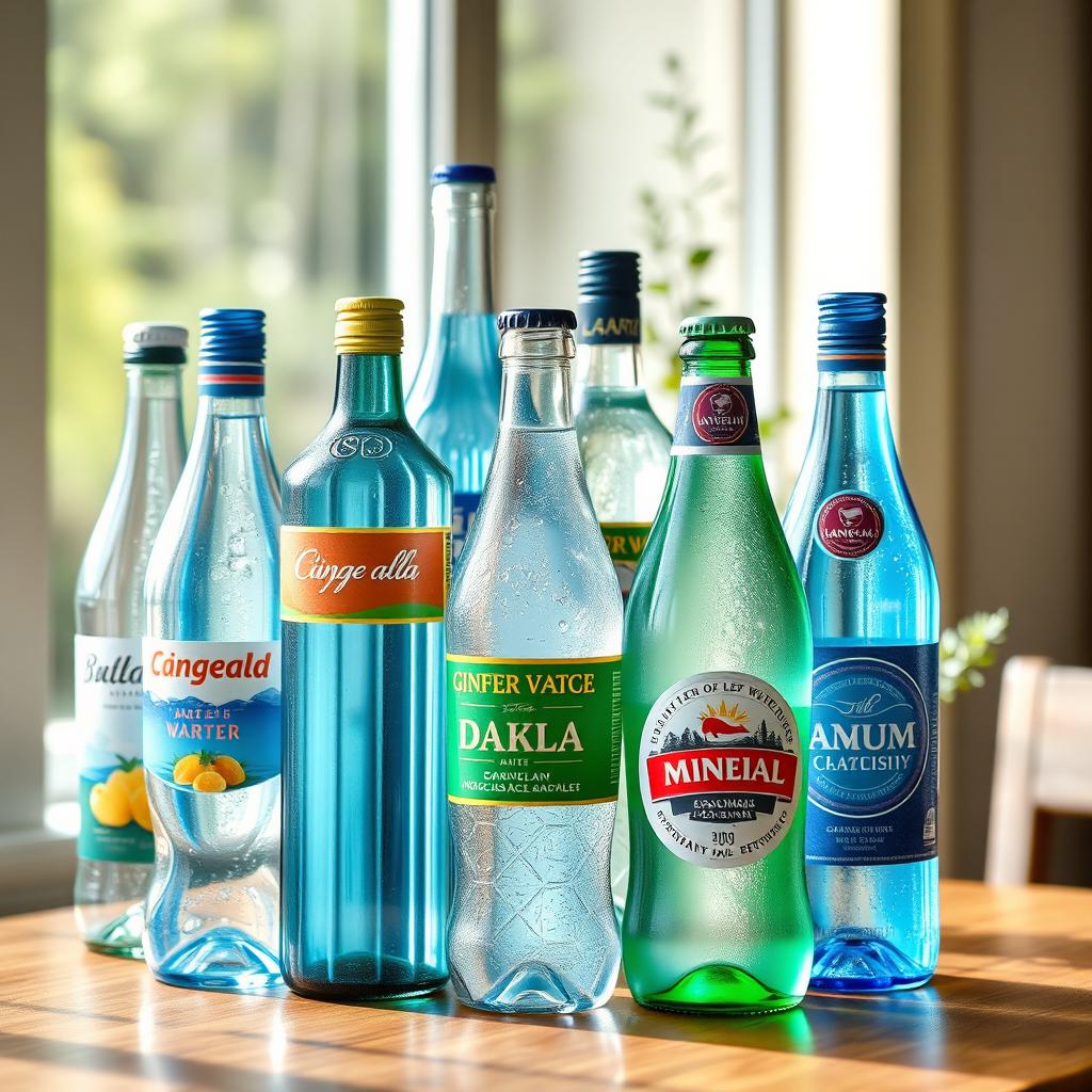 A visually appealing composition of various mineral water bottles arranged artistically on a wooden table