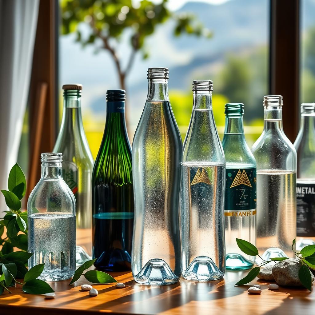 A beautifully arranged composition featuring various styles and shapes of mineral water bottles