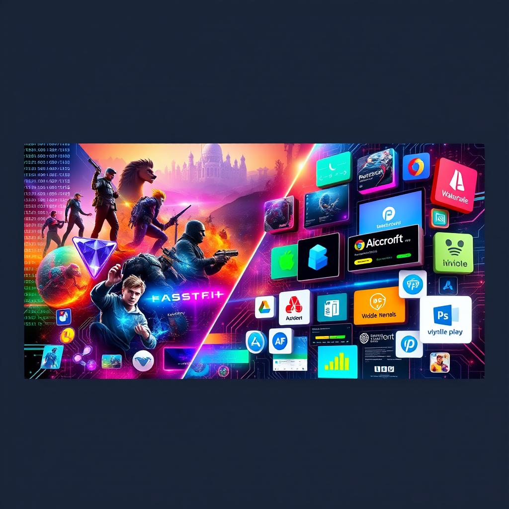A vibrant Facebook cover design featuring a dynamic composition of various computer games and software