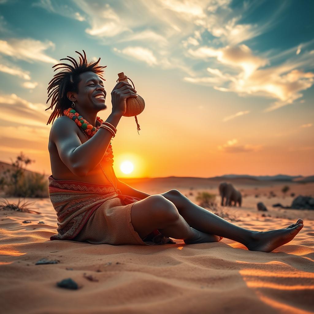 A scene depicting a bushman sitting in a serene desert landscape, joyfully holding a bag of wine and drinking from it