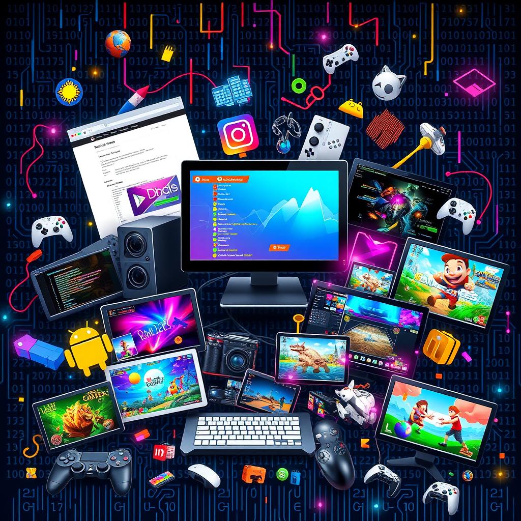 A vibrant collage of computer programs and video games, showcasing iconic software interfaces like a text editor, graphics design software, a gaming console UI, and colorful in-game graphics from various popular video games