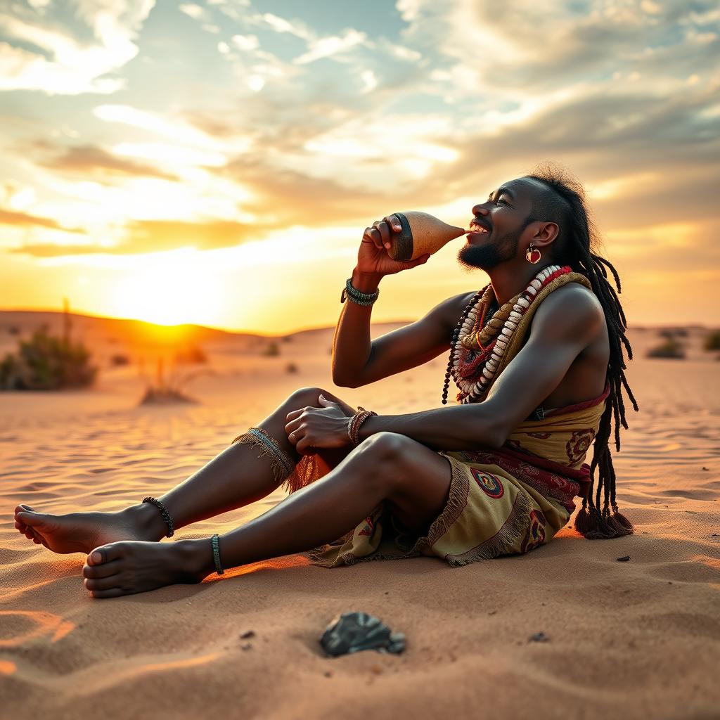 A scene depicting a Khoi San bushman sitting in a serene desert landscape, joyfully holding a bag of wine and drinking from it