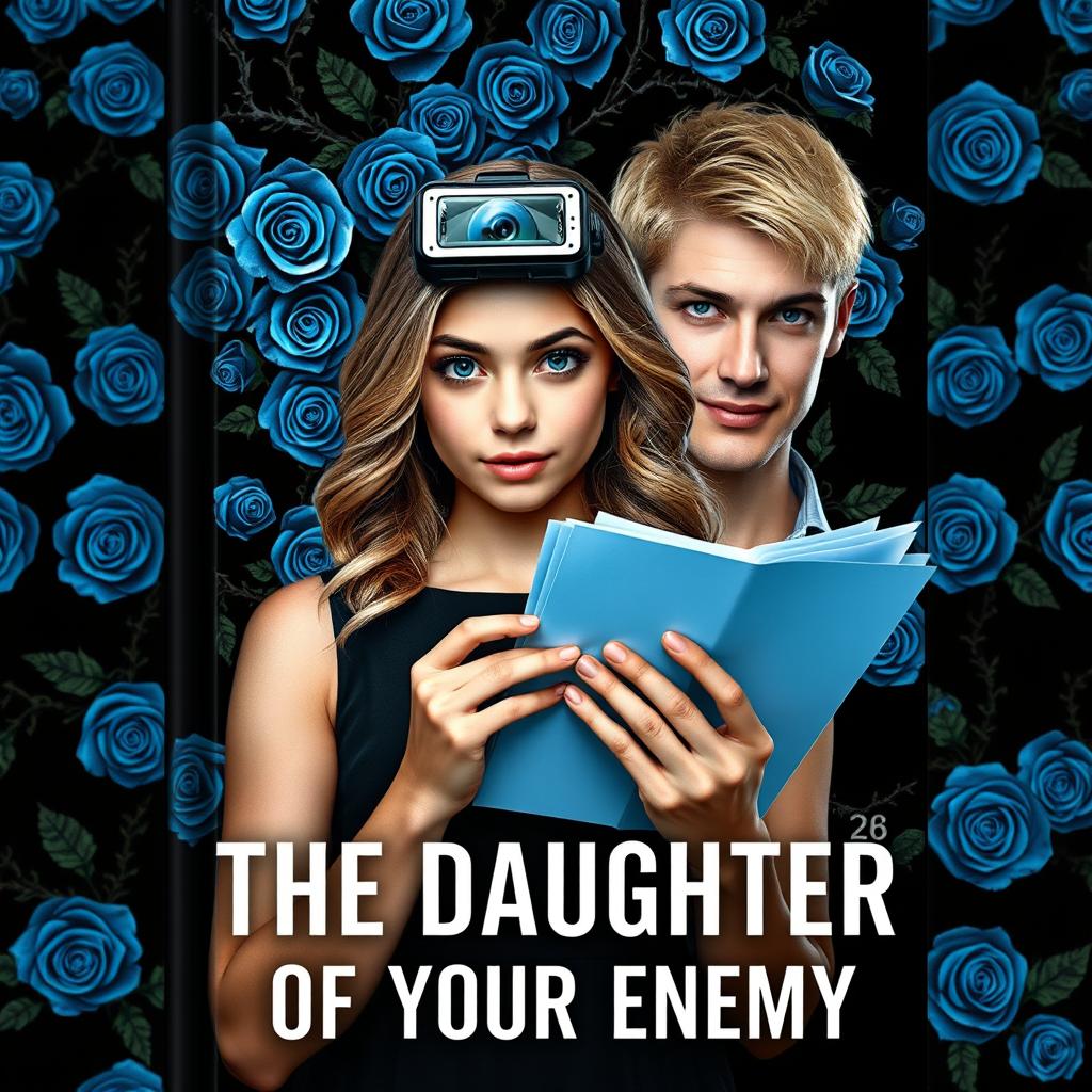 An eye-catching book cover showcasing a black background intricately layered with vibrant blue roses and thorny vines