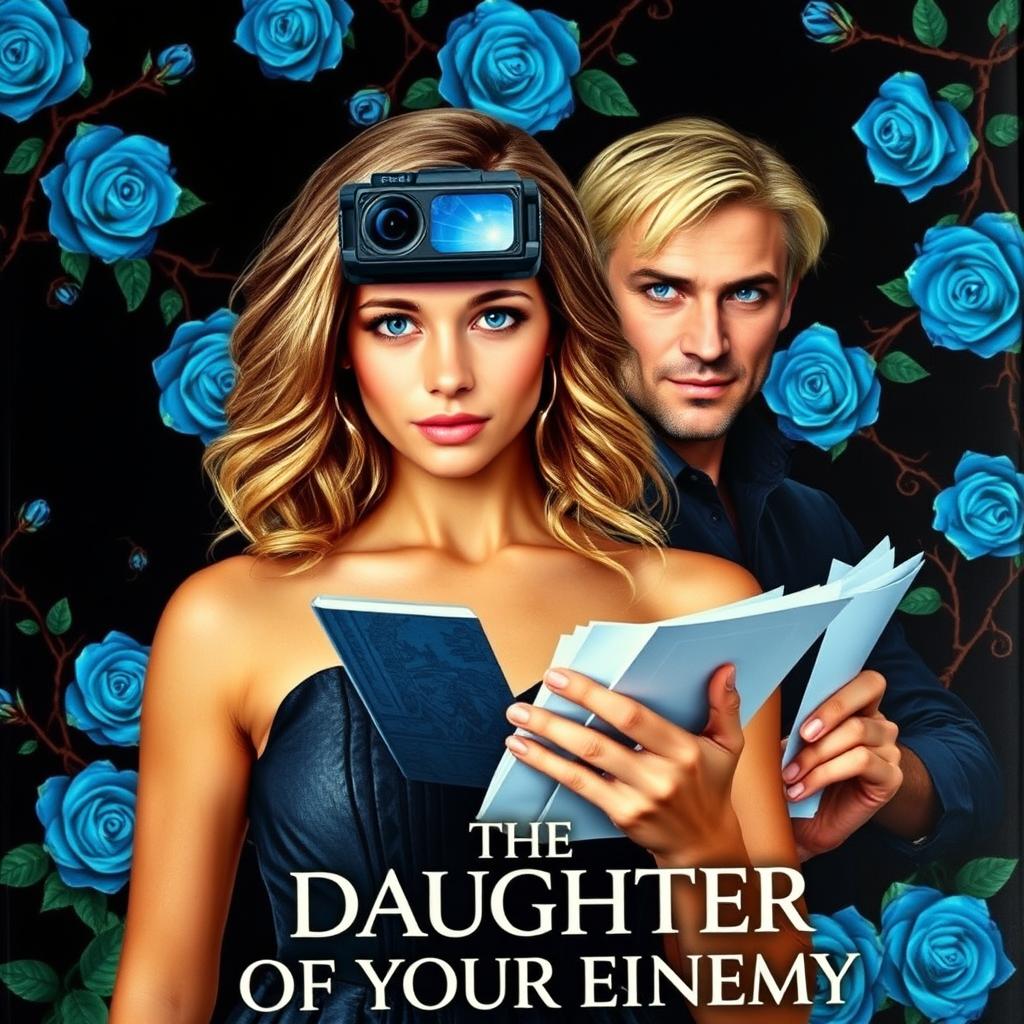 An alluring book cover designed with a black background enriched by vivid blue roses and thorny vines
