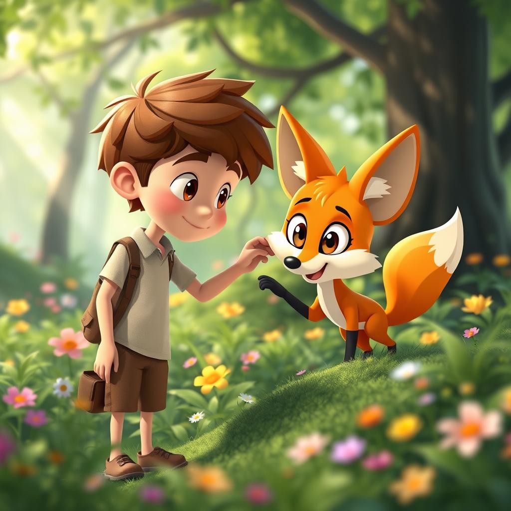 A whimsical scene featuring a cartoon character of Adam, a young man with simple yet friendly attire, standing beside a cartoon fox with vibrant orange fur, large expressive eyes, and a playful demeanor