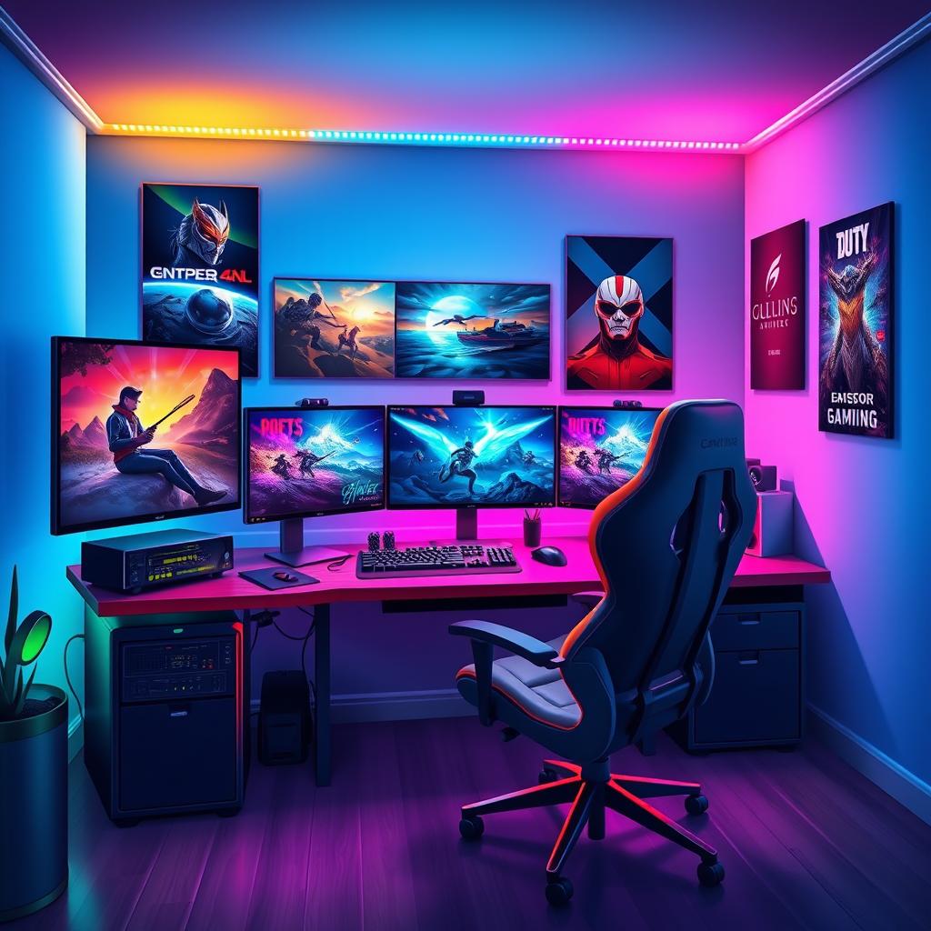A vivid illustration showcasing a vibrant gaming setup featuring a high-end gaming computer with multiple monitors displaying stunning visuals from popular video games
