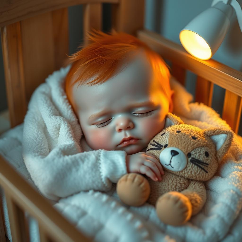 A chubby white baby with bright orange hair, peacefully sleeping in a cozy wooden crib, featuring soft freckles on his cheeks resembling cat spots