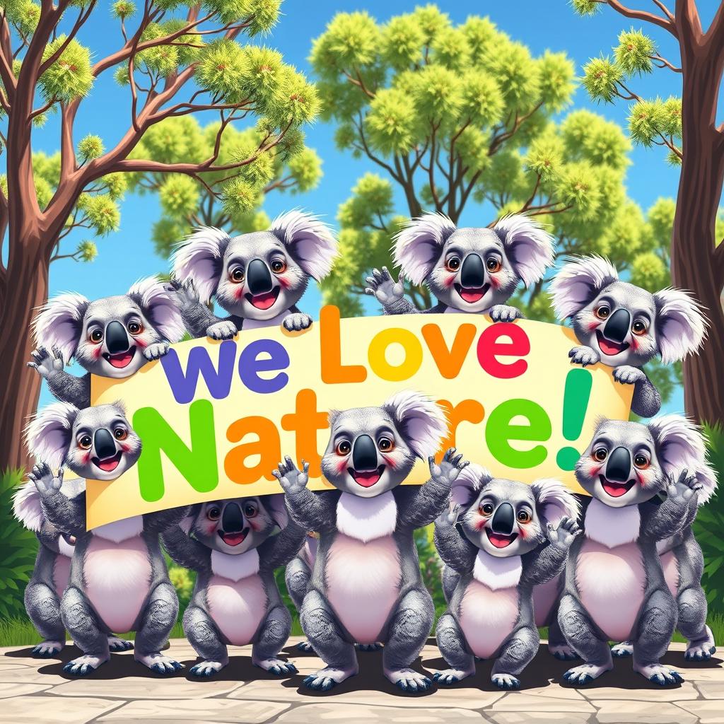 A vibrant and cheerful scene featuring a group of enthusiastic koalas holding a large, colorful banner