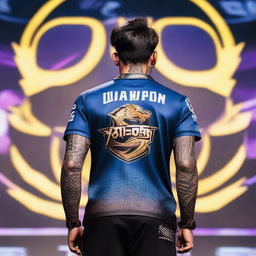 A tattooed man in a dragon-patterned eSports jersey standing on a Mobile Legends stage facing the audience. His back to the camera reveals the name 'QUANTIC', number '25', a dragon logo and the words 'VOID TEAM' on the jersey.