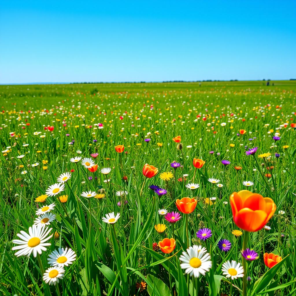 A serene landscape featuring a vibrant field of green grass scattered with colorful flowers, set under a clear blue sky