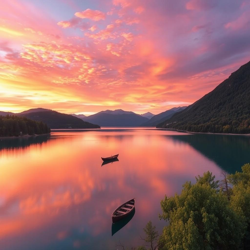 A serene landscape featuring a tranquil lake surrounded by mountains, under a vibrant sunset sky filled with orange, pink, and purple hues