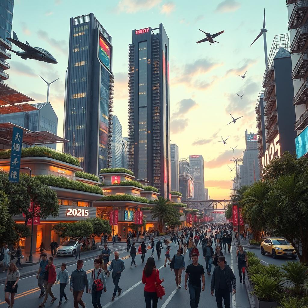 A futuristic cityscape in the year 2025, featuring sleek skyscrapers with green terraces, flying vehicles zooming through the sky, and innovative transportation systems
