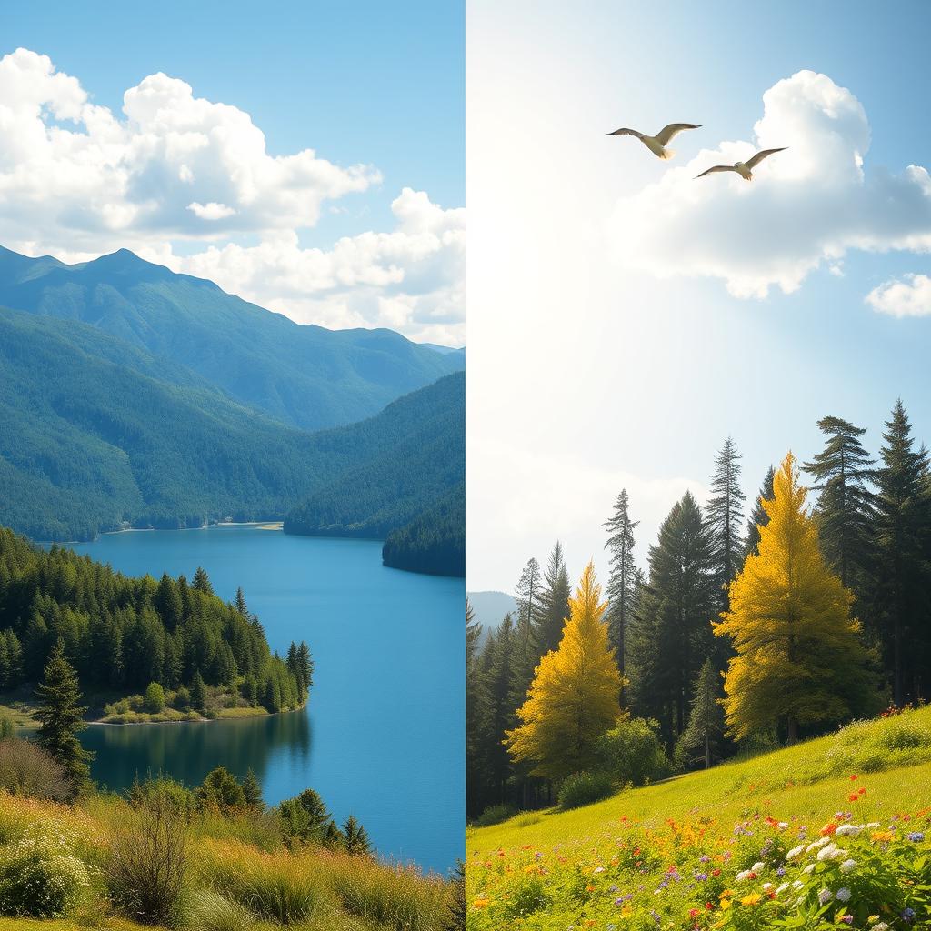 A serene natural landscape blending two distinct settings: one side features a tranquil lake surrounded by lush green mountains with a clear blue sky, the other side presents a vibrant forest with tall trees and colorful flowers under a soft sunlit atmosphere