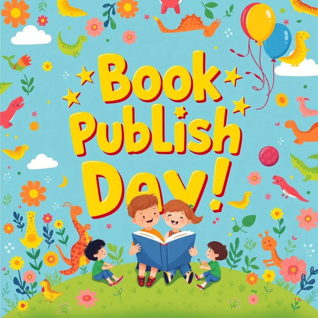 A vibrant and colorful poster celebrating the publish day of a children's book