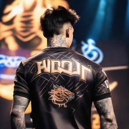 A tattooed man in a dragon-patterned eSports jersey standing on a Mobile Legends stage facing the audience. His back to the camera reveals the name 'QUANTIC', number '25', a dragon logo and the words 'VOID TEAM' on the jersey.