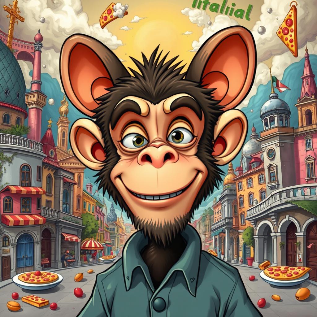 A whimsical cartoon depiction of a man combined with a monkey, showcasing an exaggerated blend of human and monkey features