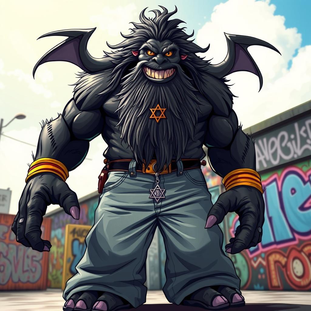 A mythical black Jewish monster, towering and muscular with a friendly yet imposing presence