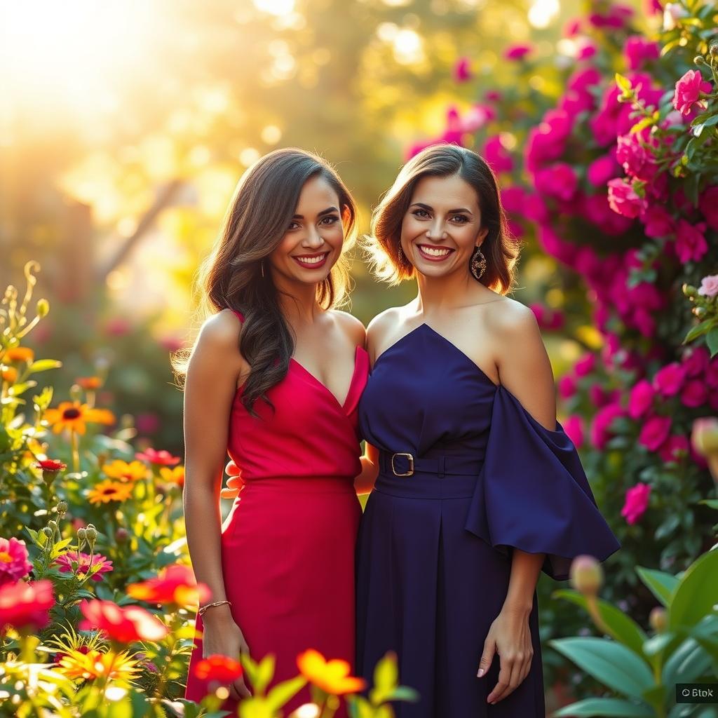 A visually striking scene featuring a pair of elegant, beautifully dressed women standing together, nestled in a lush garden filled with vibrant flowers and greenery