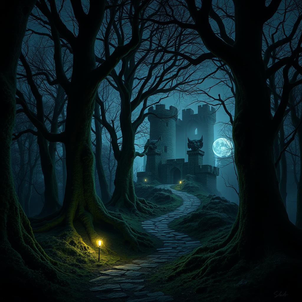 A dimly lit enchanted forest at twilight, where shadows dance on the ground