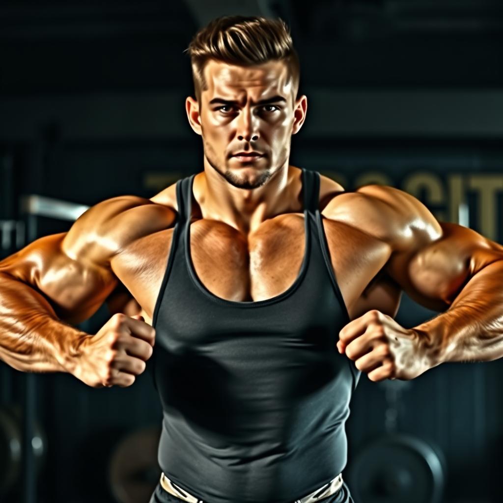 A muscular, confident person standing in a powerful pose, showcasing their well-defined muscles and strength