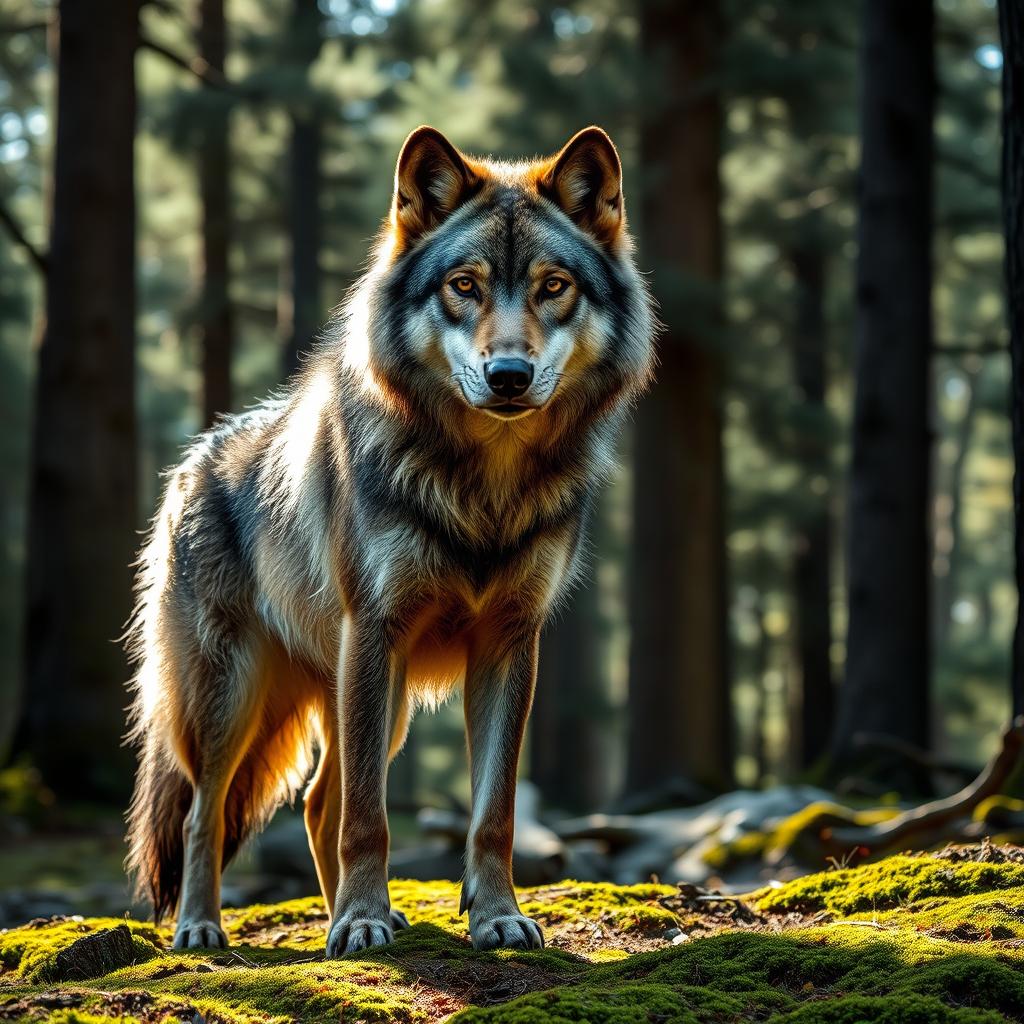 A raw, stunning photograph of a majestic wolf standing proudly in a serene forest setting, sunlight filtering through the trees, casting dappled shadows on the ground
