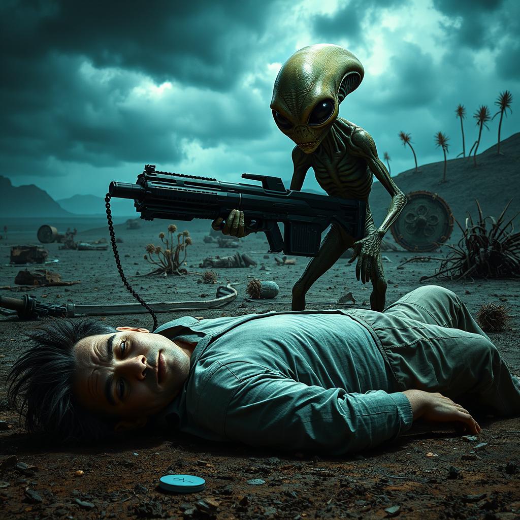 A scene depicting a man lying on the ground, looking devastated and defeated