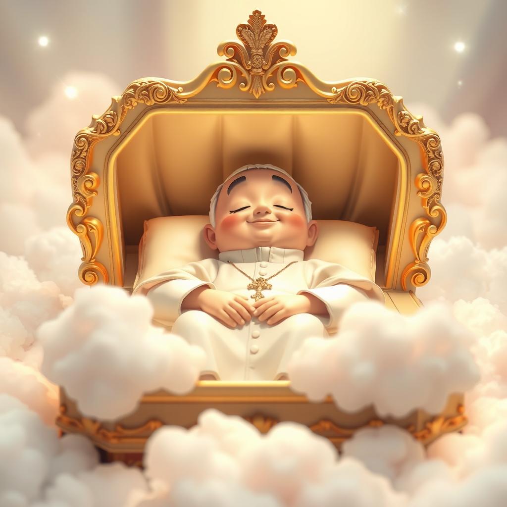 A whimsical and surreal scene depicting a cartoonish pope peacefully resting inside a decorative coffin