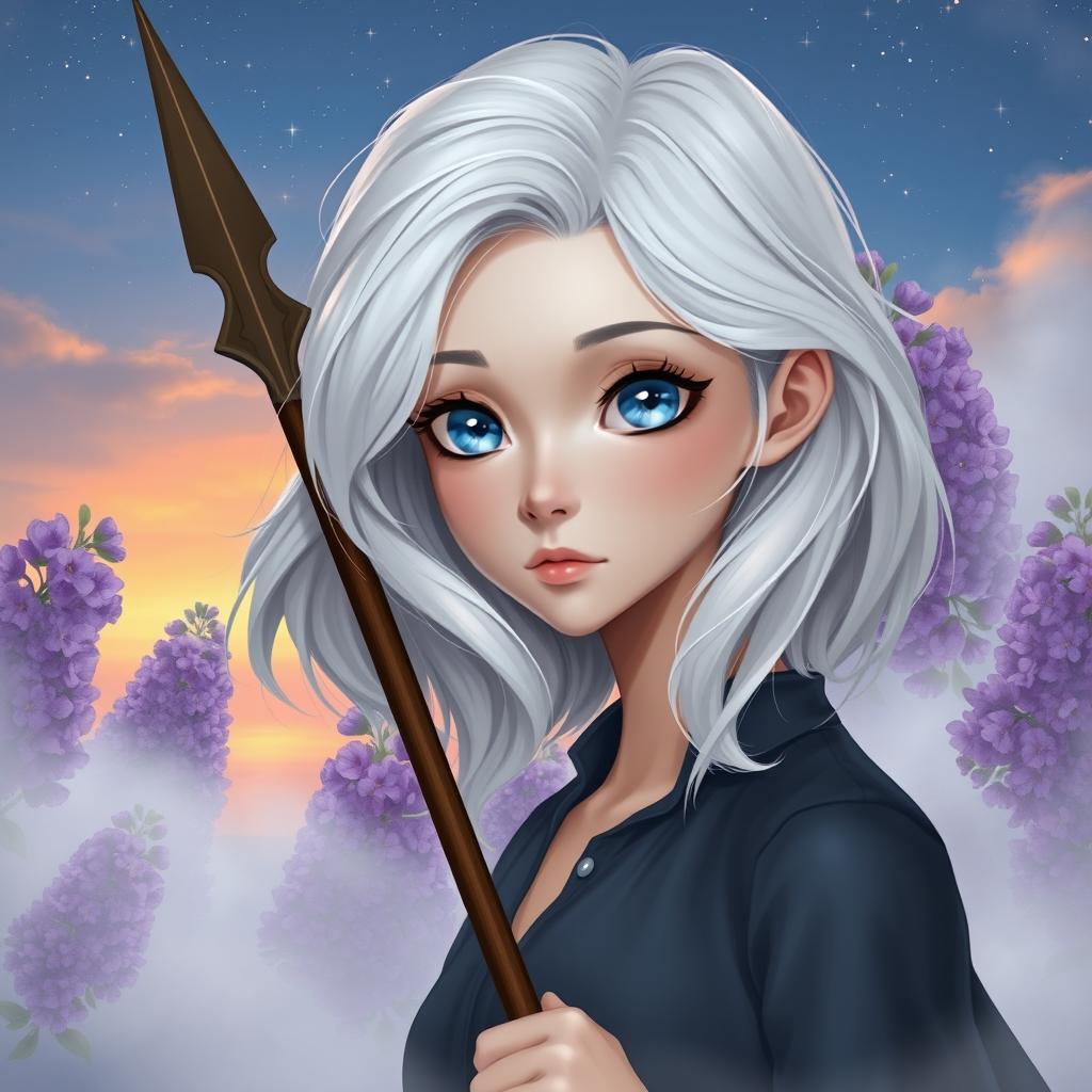 A gentle, slim, delicate young woman with large, bright blue eyes and wavy, shoulder-length white hair