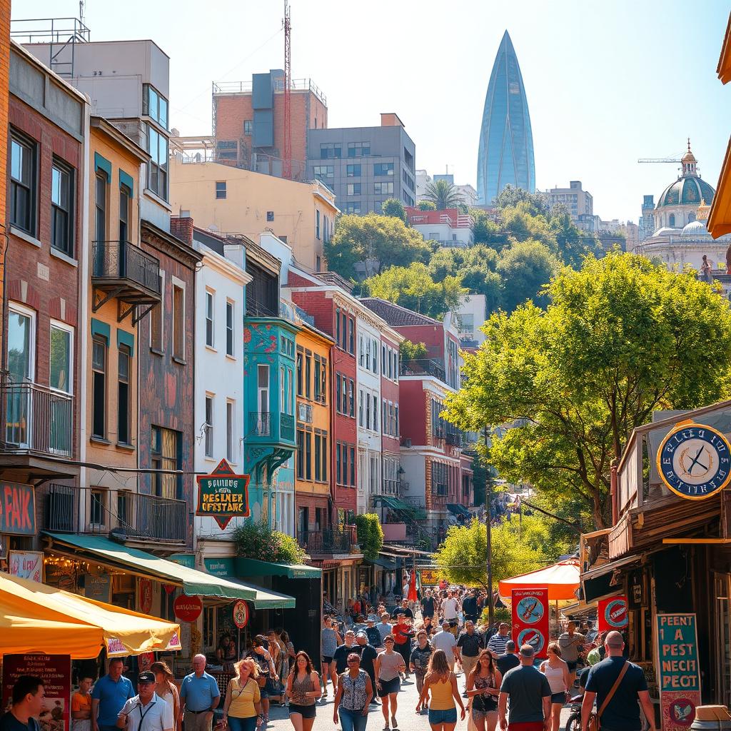 A vibrant and colorful urban scene depicting a lively cityscape with buildings, street vendors, and people enjoying their day
