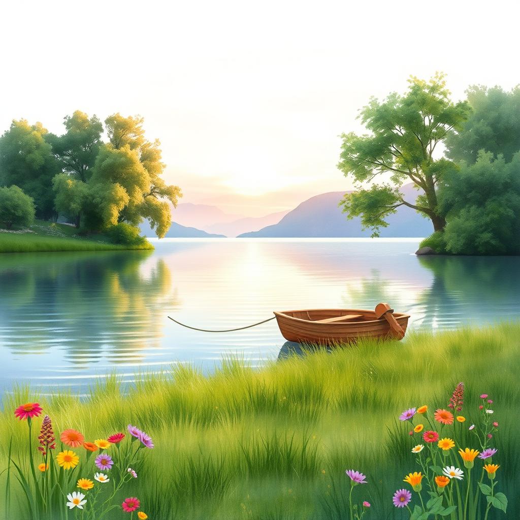 A tranquil lakeside scene depicted in a watercolor painting style for a book cover