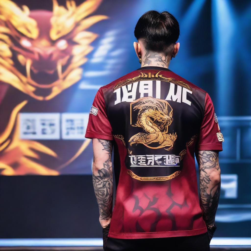 A tattooed man in a dragon-patterned eSports jersey standing on a Mobile Legends stage facing the audience. His back to the camera reveals the name 'QUANTIC', number '25', a dragon logo and the words 'VOID TEAM' on the jersey.