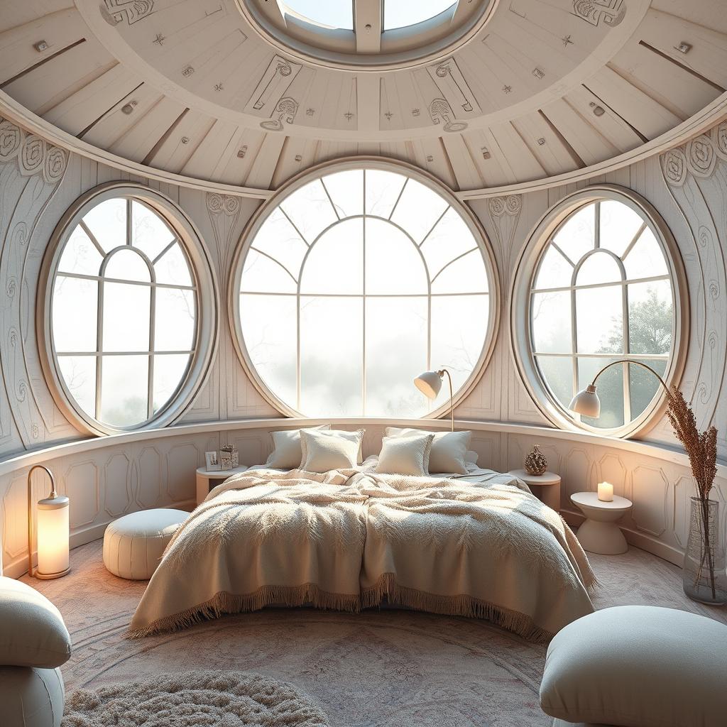 A beautiful round fantasy light bedroom adorned with white wood, featuring large round floor-to-ceiling windows