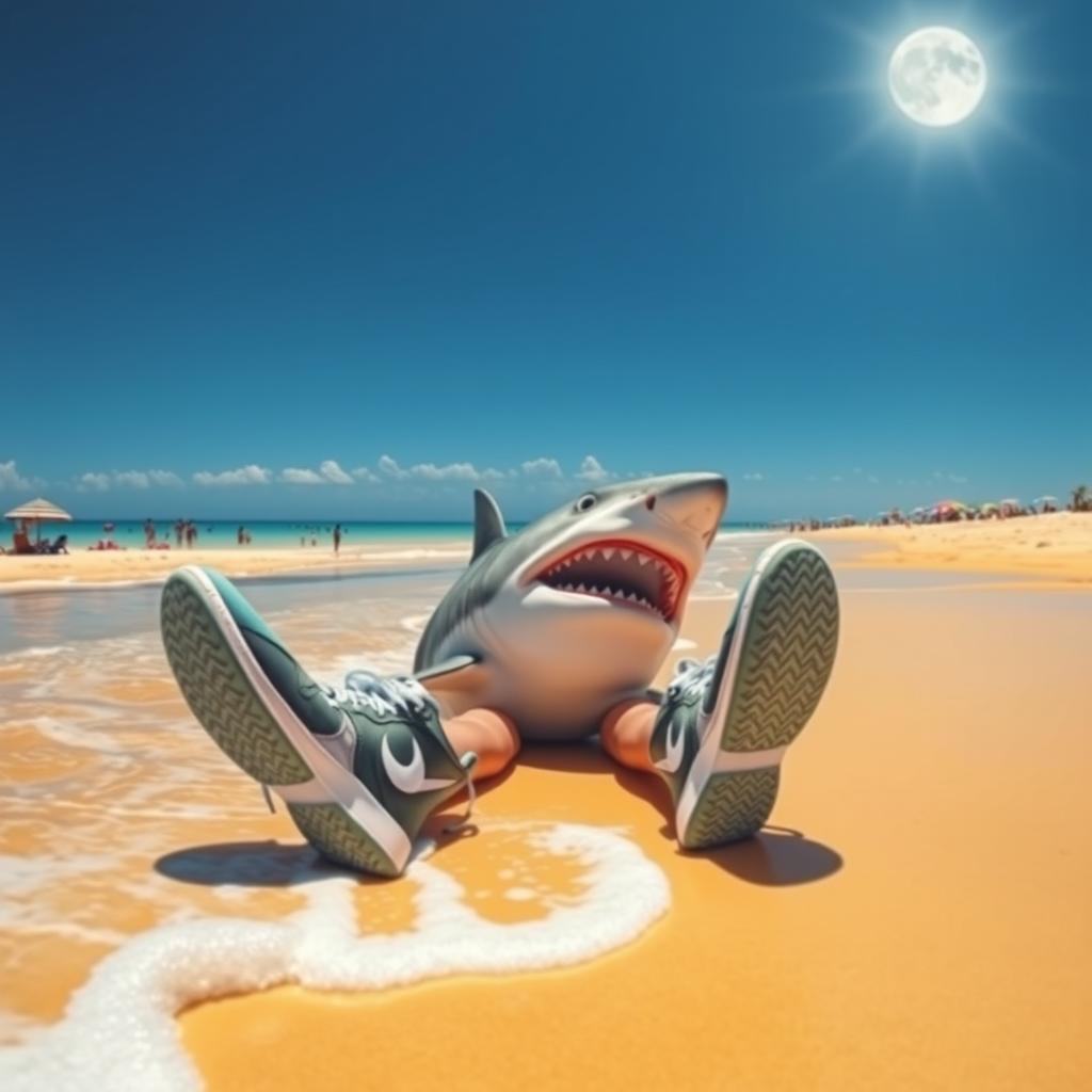 A humorous scene depicting a shark lounging on the beach with human feet wearing stylish Nike shoes