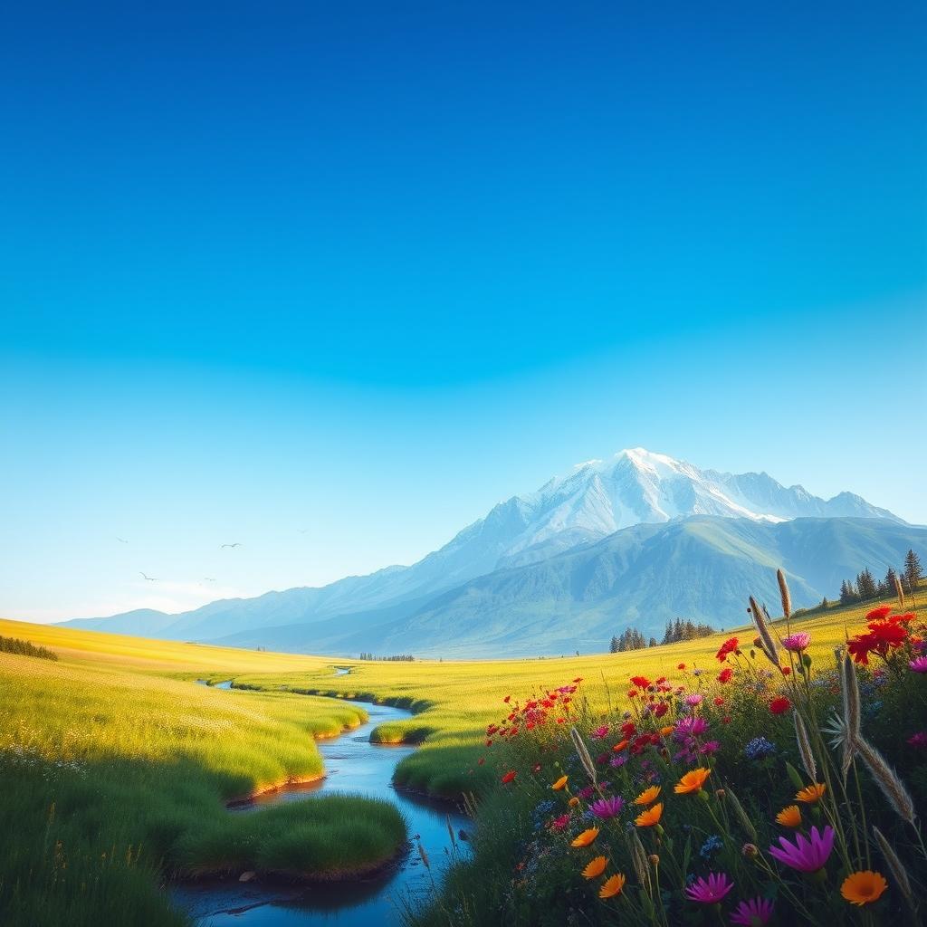A serene landscape featuring a majestic mountain range under a clear blue sky, vibrant wildflowers in full bloom in the foreground, with a gentle stream reflecting the sunlight flowing through the lush green meadows