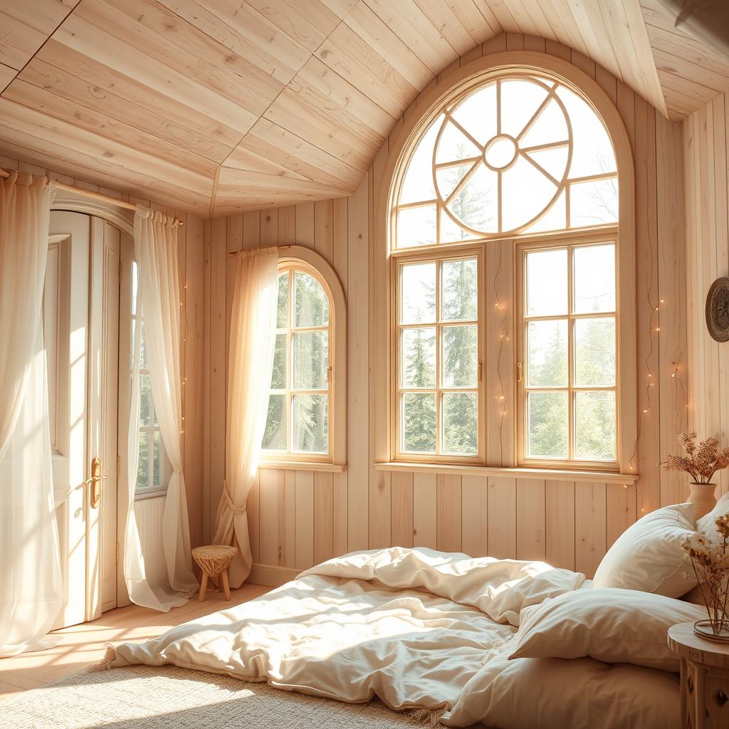 A whimsical fantasy bedroom featuring light wooden paneling, large round windows that reach down to the floor