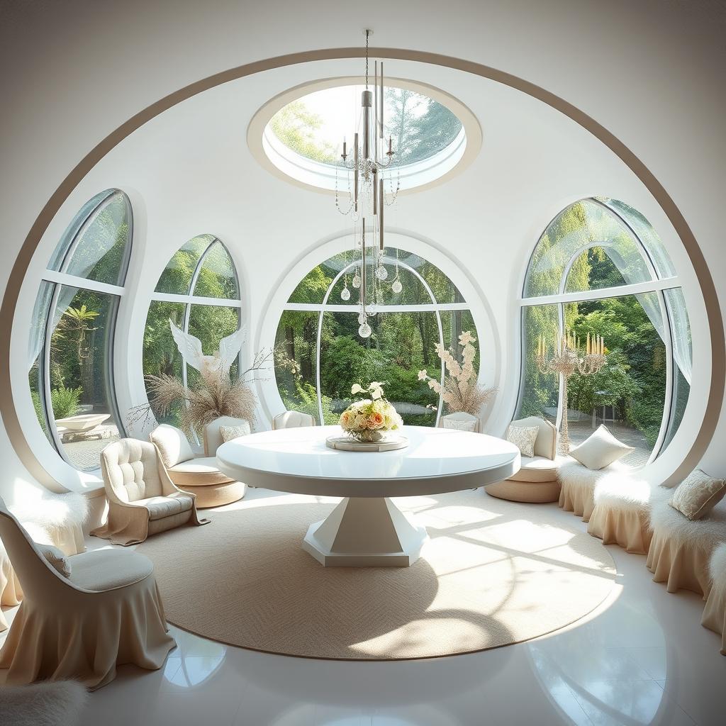 A spacious, round fantasy dining room featuring large, white circular windows that extend all the way to the floor, allowing ample natural light to flood the space