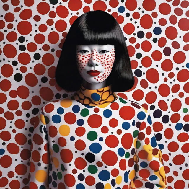 Develop a compelling visual ad campaign for a Yayoi Kusama Print Collection, incorporating exclusive prints inspired by her renowned exhibitions. Vibrant energy and Kusama's distinctive vision should infuse the campaign.